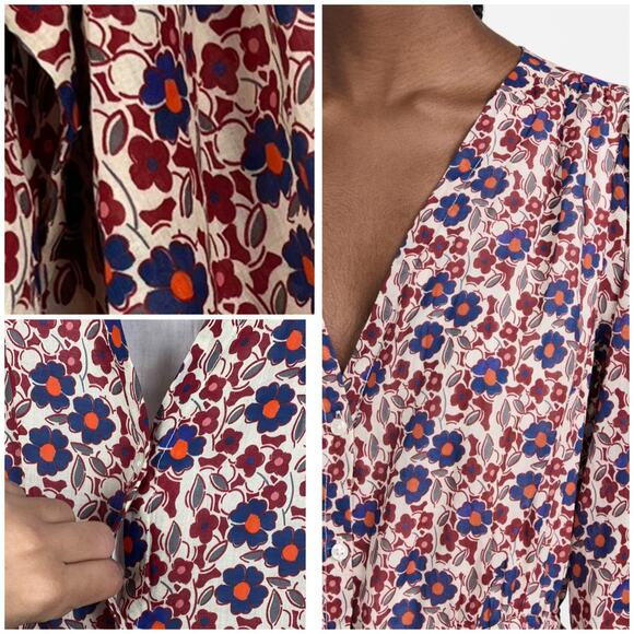 Trovata Birds of Paradis Floral Midi Dress L Ramie Cotton V-Neck Boho Peasant - Picture 4 of 11